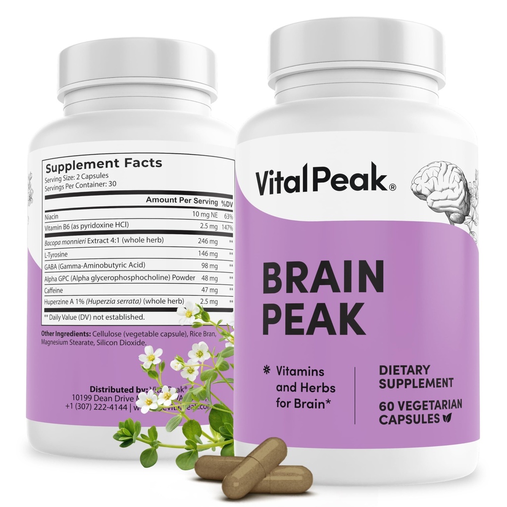 Vital Peak® Brain Peak - Brain Supplements for Memory and Focus - Supports Brain Health - with Niacin, GABA, Alpha GPC, L-Tyrosine, Bacopa Monnieri - Vegan, Gluten Free, Dairy Free - 60 Capsules