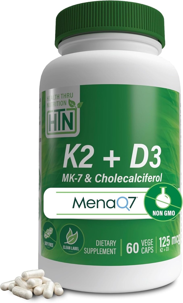 Health Thru Nutrition K2 + D3 Complex (K2 100mcg) como MenaQ7 Menaquinona 7 MK7 & D3 1000iu (GMO)