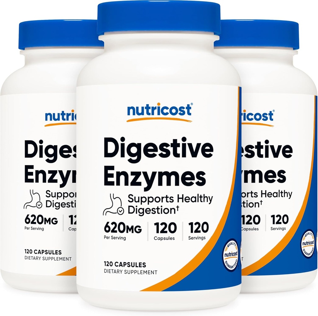 Nutricost Digetical Enzymes 620mg, 120 Veggie Capsules (3 Bottles) - Suplemen Enzyme Digeptical Lengkap