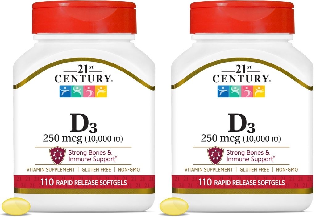 21st Century Vitamin D3 250 mcg (10,000 IU) Rapid Release Softgels, 110 Count (Pack of 2)