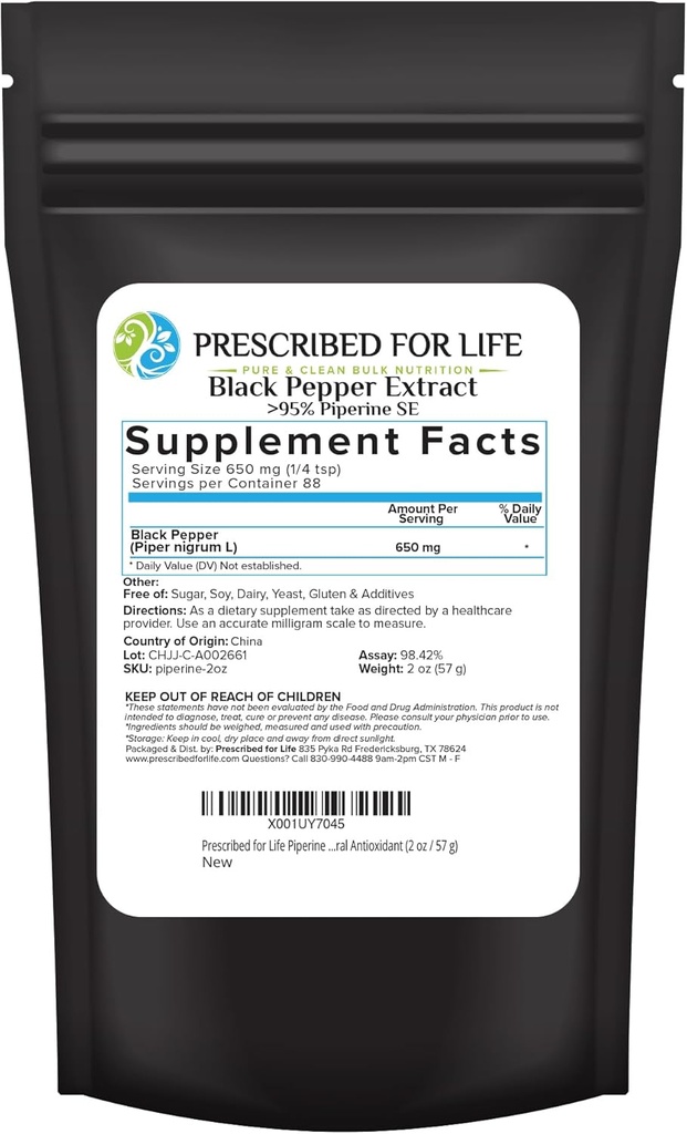 Prescribed For Life Piperine Powder, 95% Black Pepper Extract Powder, Boosts Nutrient Absorption, Gluten Free, Vegan, Non GMO, Natural Antioxidant (2oz / 56g)