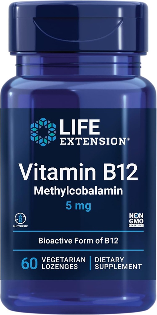 Ekstensi Hidup Vitamin B12 Methylcobalamin, Pendukung Kesehatan Nerve, Dukungan Kognitive, Vitamin Energi, methylcobalamin B12, 5 mg, Quick-Dissolve, Gluten- Free, Non-GMO, Vegetarian, 60 lozenges