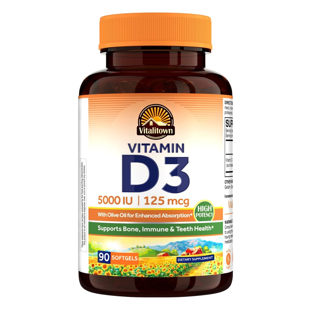 Vitalitown Vitamin D3 125 mcg (5000 IU) High Potency for Bone, Teeth, Heart and Immune Health Support, Olive Oil Based, Non-GMO and No Gluten, 90 Softgels