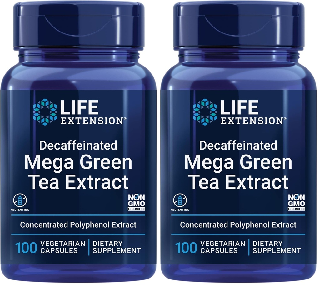 Life Extension Decaffeinated Mega Green Tea Extract Polyphenol-Rich, Cell, Heart & Brain Health, Antioxidant Protection Non-GMO, Gluten-Free, Vegetarian – 100 Capsules (Pack of 2)
