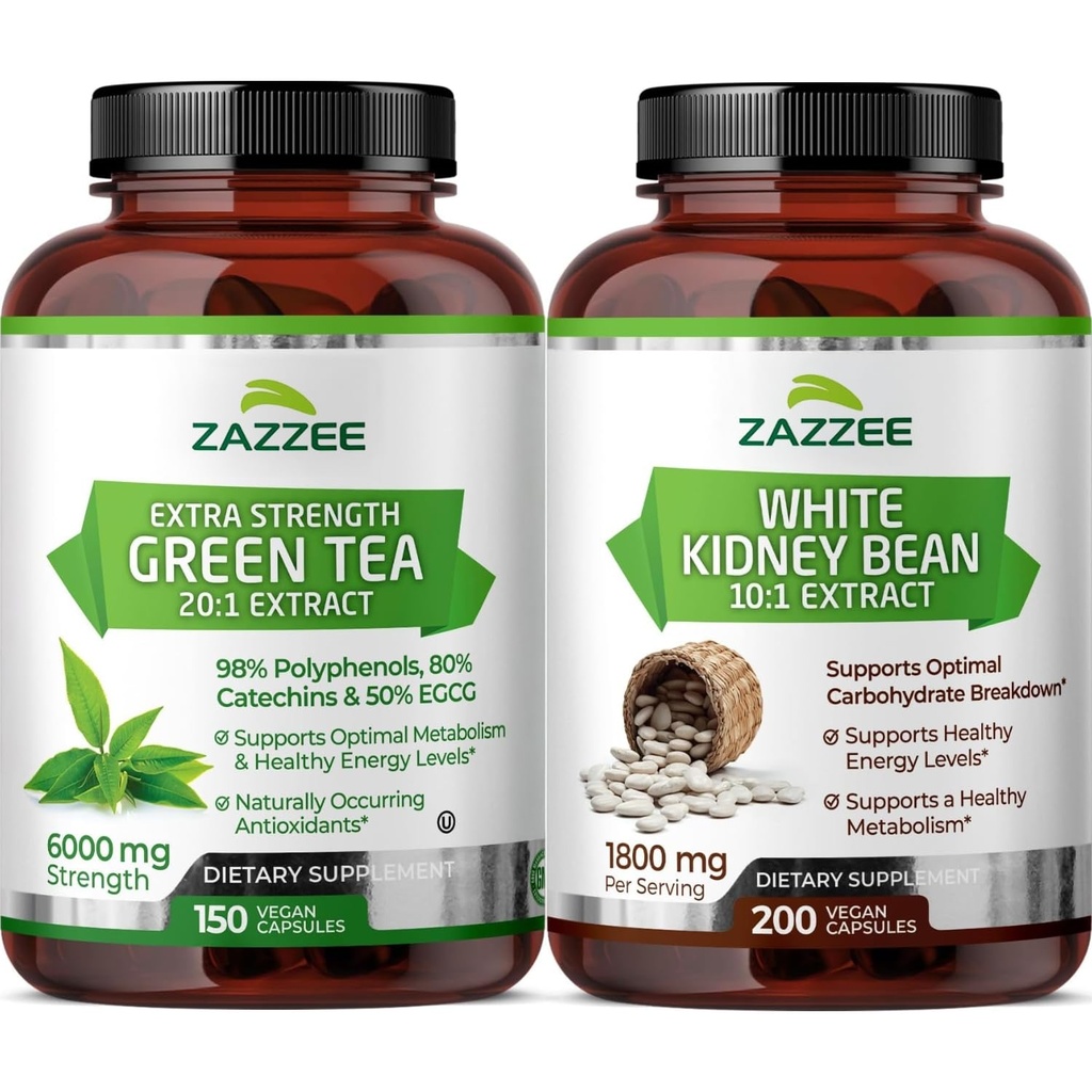 Zazzee Herbal Slimming Bundle | Extra Strength White Kidney Bean Extract and EGCG Green Tea Extract Capsules | Non-GMO Vegan & ISO Lab Tested