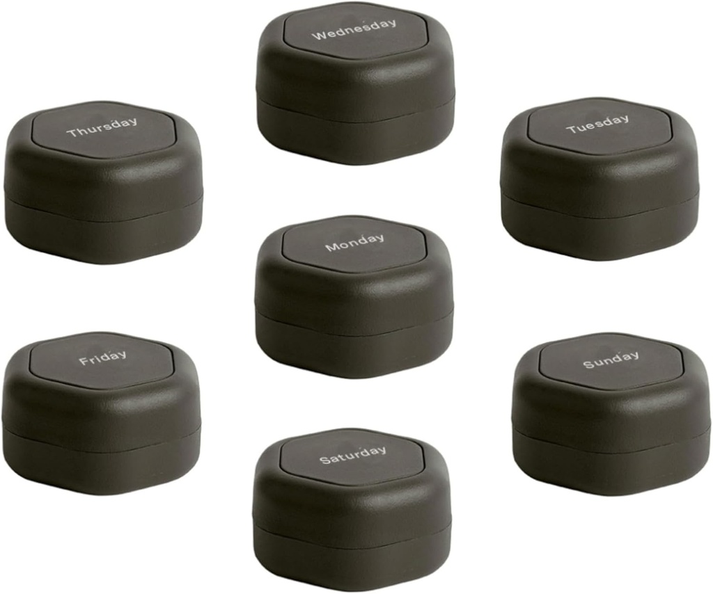 Cadence Travel Containers - Pill Case Set - Capsule da Viaggio Magnetici,Organizzatore di Medicina Del Giorno per Pillole, Integratori, & Vitamine - 7 Flex Smalls (0.56oz) per Organizzatore di Pillole Settimanale - Charcoal