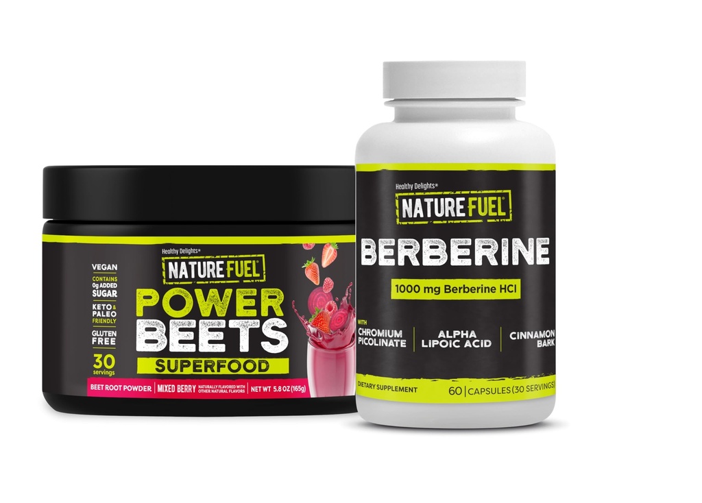 Healthy Delights Nature Fuel Power Beets Powder, Beet Root Powder, Acai Berry Pomegranate, 30 Servings (Packaging May Vary) and Healthy Delights Nature Fuel Berberine Capsules, 60 Count, 30 Servings