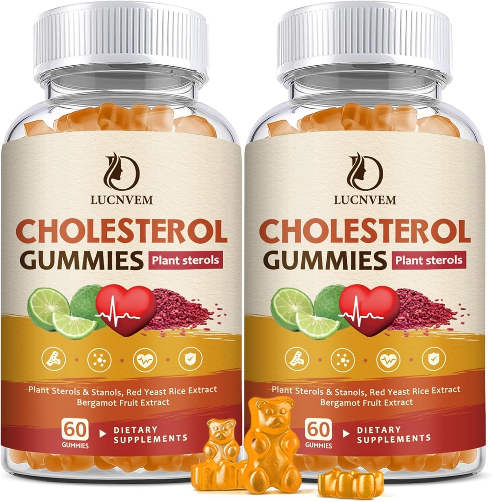 (2 Pack) Suplementos de colesterol Gummies para Colesterol Saudável, Esterols Planta & Estanóis, Arroz de Levedura Vermelha, Complexo de Citrus Bergamota para Colesterol, Manter Níveis de Colesterol Saudável - 60 dias de fornecimento