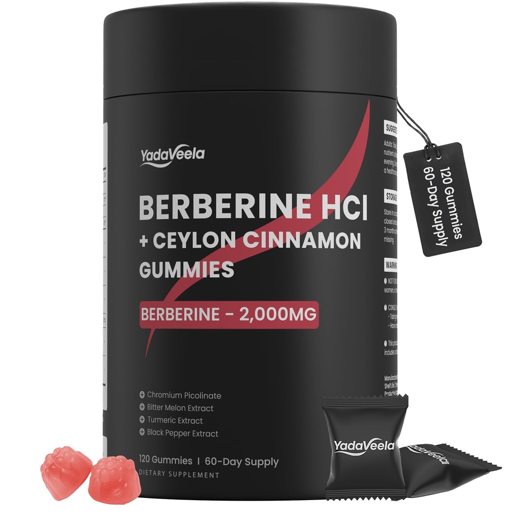 Berberine HCl Gummies Supplement 2000mg, High Potency Berberine with Ceylon Cinnamon, Chromium and Bitter Melon for Women & Men, Metabolism Support, AMPK, Sugar Free, Vegan, 120 Count, 60 Day Supply