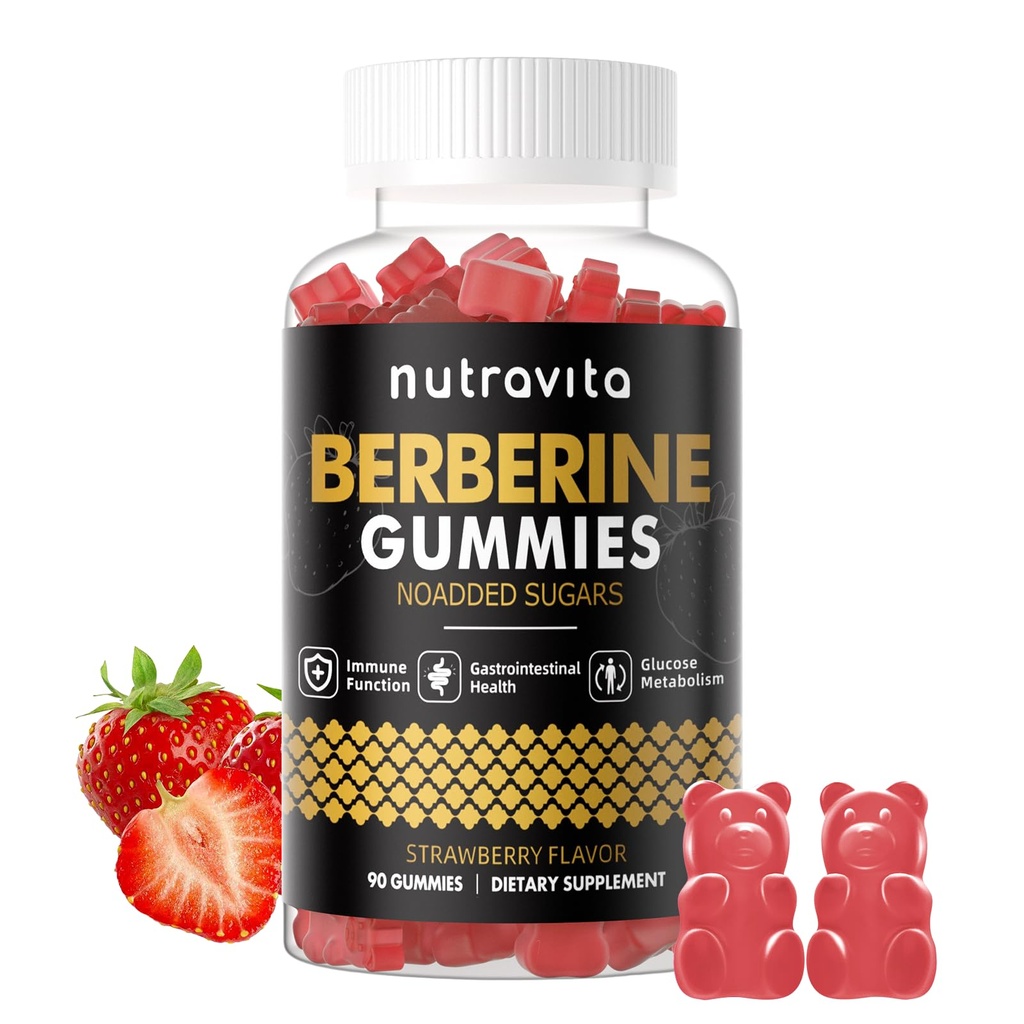 Nutravita Berberine Gummies with Ceylon Cinnamon 1500mg High Potency Berberine HCL Supplement for Immune and Metabolism Support, Sugar Free Organic Berberine Gummies Strawberry Flavor-1PACK
