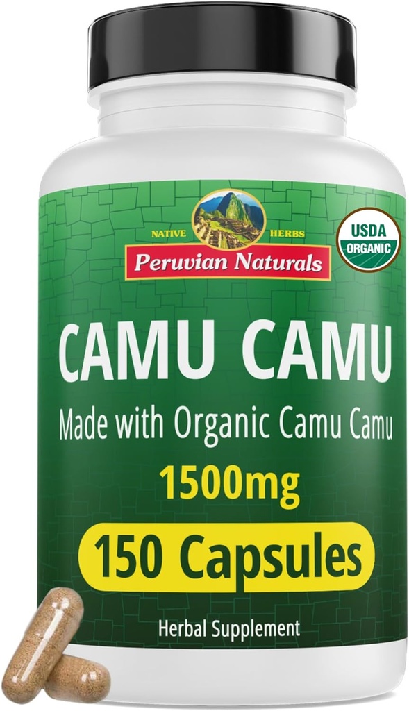 秘鲁天然有机维生素C来自Camu Camu Capsules 1500mg - 150 Vegan 药丸,天然维生素C来自全食品 Camu Berry 有机,非GMO