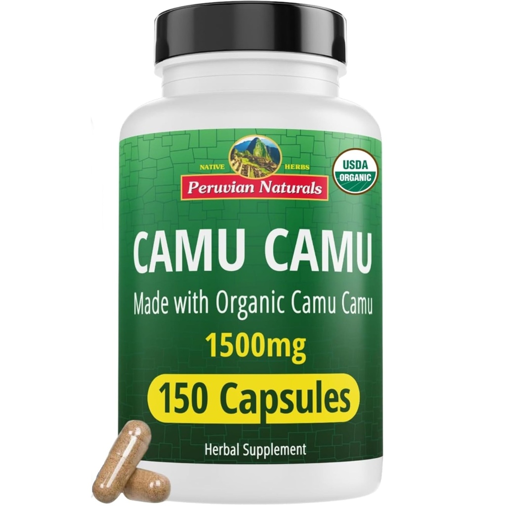 Peruvian Naturals Organic Vitamin C from Camu Camu Capsules 1,500mg - 150 Vegan Pills, Natural Vitamin C from Whole Food Camu Berry Organic, Non-GMO