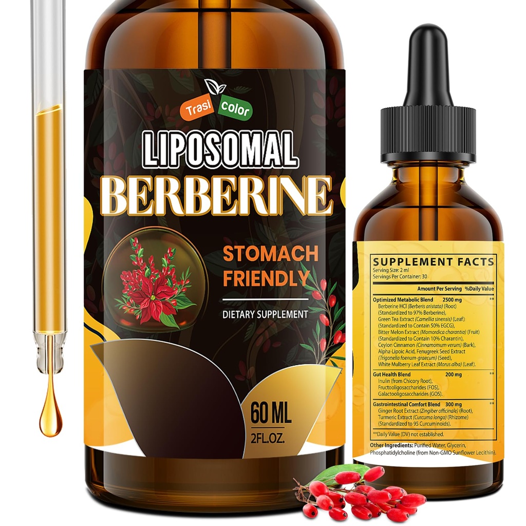 Berberine Supplement Liquid Drops - High Bioavailability Liposomal Berberine Supplements, Berberine HCL Complex with Ceylon Cinnamon Plus Turmeric, Suitable for Women,Men-60ml