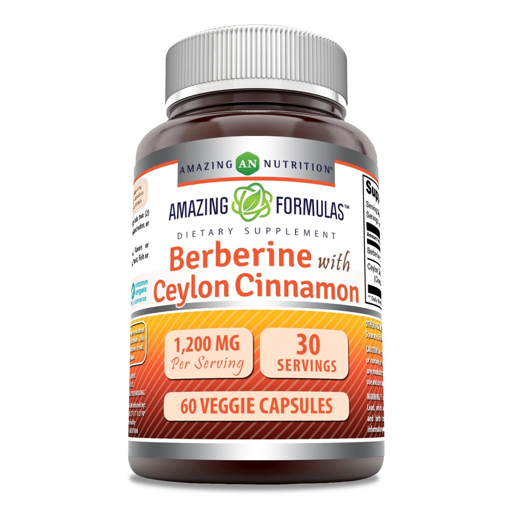 Amazing Formulas Berberine with Pure Ceylon Cinnamon 1200 Mg Per Serving | Premium Complex Supplement | Veggie Capsules | Non-GMO | Gluten Free | Made in USA (1 Pack, 60 Count)