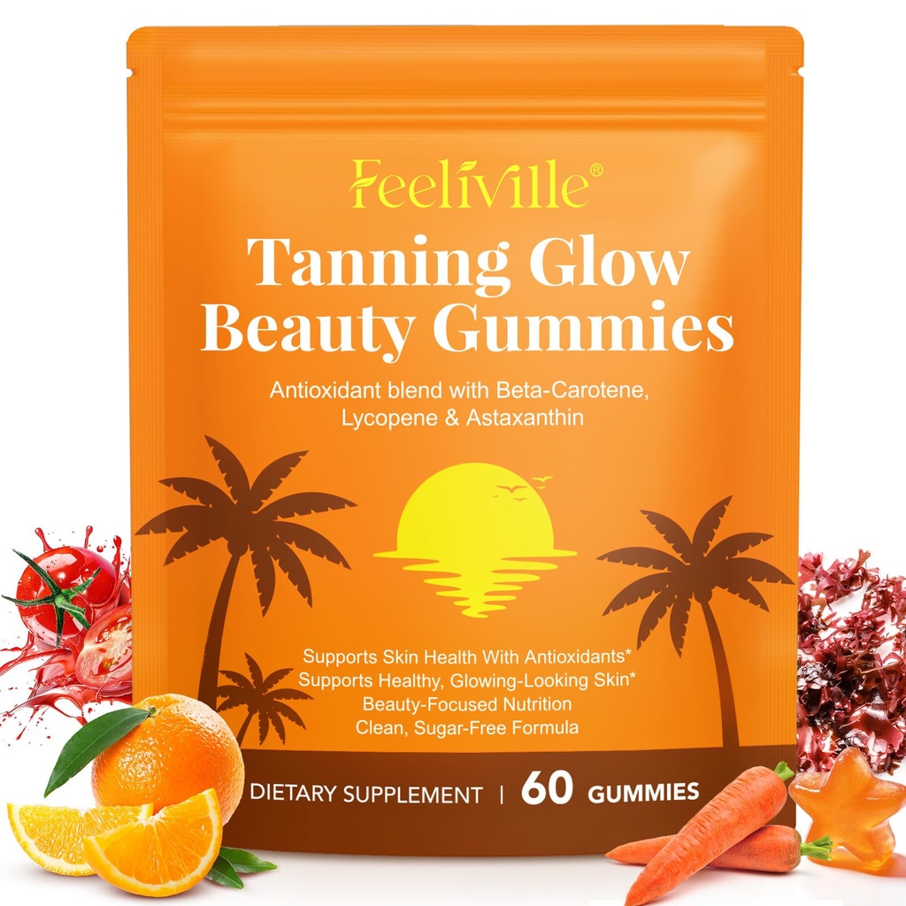 Tanning Gummies, 60 Count Tanning Gummies for Women and Men with Astaxanthin, Antioxidant Blend with Beta-Carotene, Lycopene & Astaxanthin, Skin Radiance & Hydration, Vegan & Sugar Free (1 Bag)