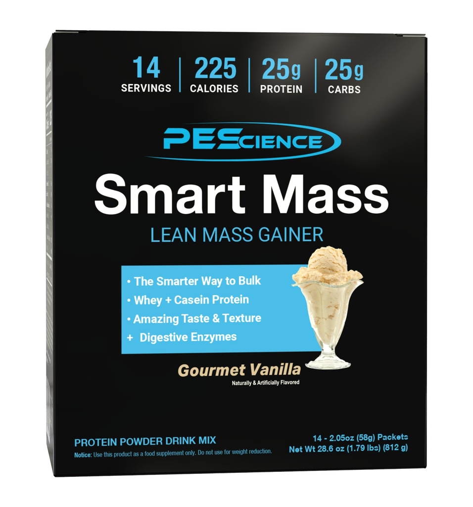 PEScience Smart Mass Gainer, Lean Muscle Weight Gainer, Whey Protein & Casein Protein Blend with Slow-Digesting Carbs, Maltodextrin-Free, Gourmet Vanilla, 14 Packets