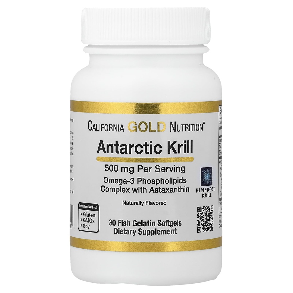 California Gold Nutrition Antarctic Krill Oil, 500 mg Omega-3 Phospholipids with Naturally Occurring Astaxanthin, Natural Strawberry & Lemon Flavor, Non GMO, 500 mg, 30 Fish Gelatin Softgels