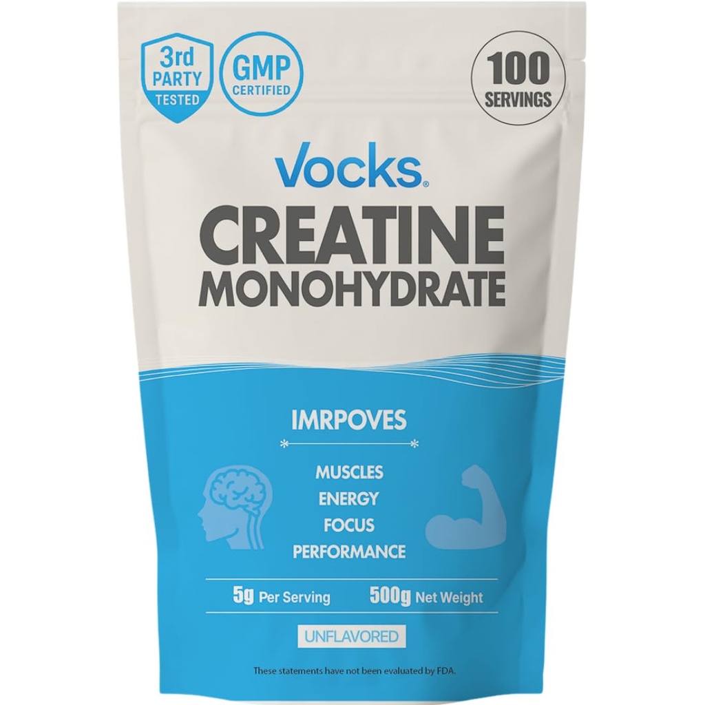 Vocks Creatine Monohydrate Powder - Creatine Supplement, Micronized Creatine, Creatine Powder - Unflavored & Gluten Free, 5g per Servings, 500g (1.1 lbs)