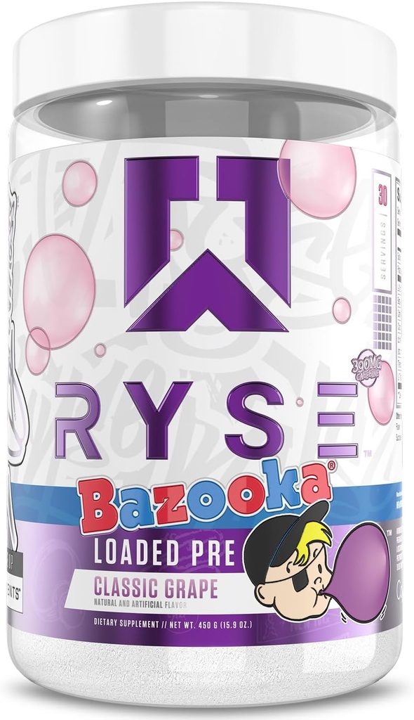 RYSE Ladattu Pre Treenout Powder - Bazooka Grape - Daily Pre-Workout miehille & naisille 390mg kofeiini, Beta Alanine, ja Citulline Pump, Focus, ja energia - 30 Servings