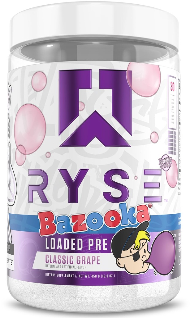 RYSE Loaded Pre Workout Powder - Bazooka Grape - Daily Pre-Workout for Men & Women with 390mg Caffeine, Beta Alanine, and Citrulline for Pump, Focus, and Energy - 30 Servings