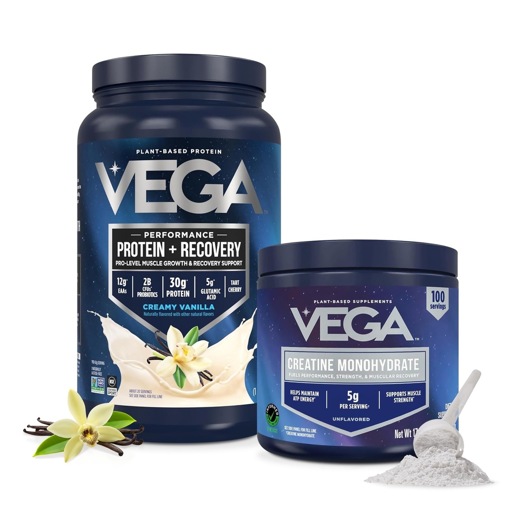 Vega Protein + Recovery Vanilla & Creatine Monohydrate Powder Bundle – 30g Plant Based Protein, 1.8 lbs (20 Servings) & 5g Pure Unflavored Creatine Monohydrate Powder, 17.6 oz (100 Servings)