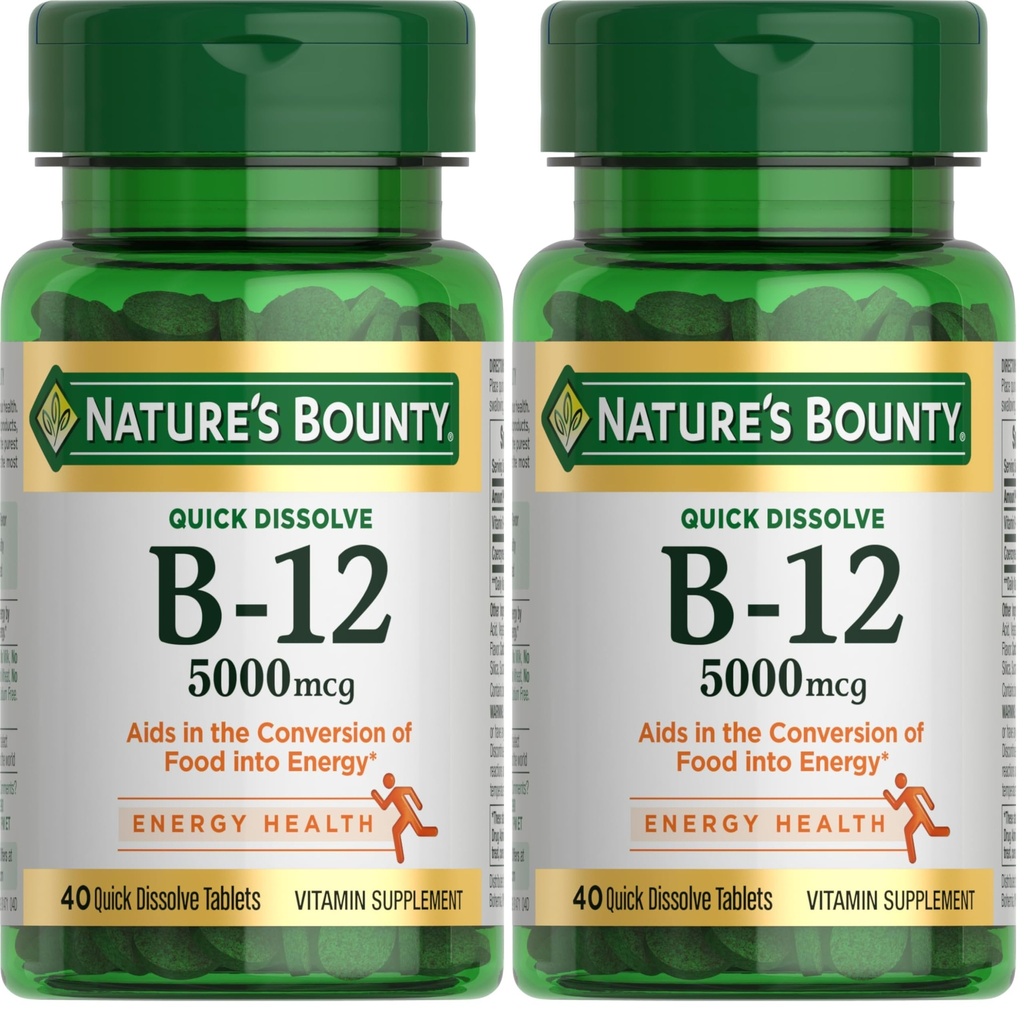 Nature's Bounty Vitamin B12, Supports Energy Metabolism and Nervous System Health, 5000mcg, 40 Quick Dissolve Tablets (Pack of 2)