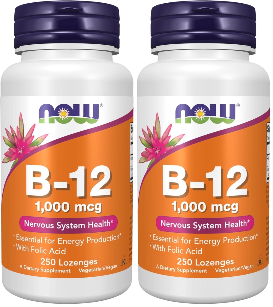 NOW Foods Supplements, Vitamin B-12 1,000 mcg with Folic Acid, Nervous System Health*, 250 Chewable Lozenges, (Pack of 2)