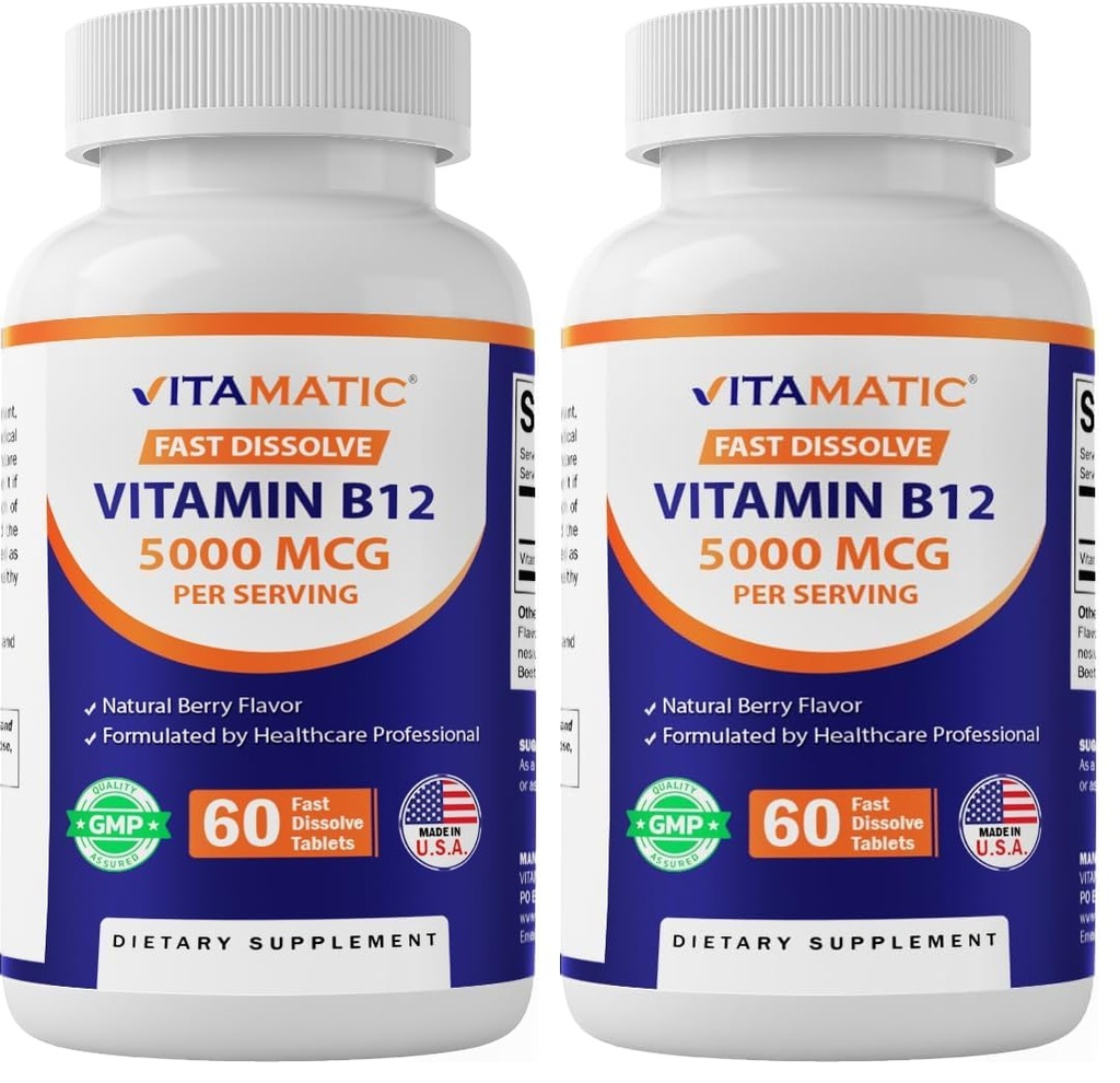 Vitamatic Vitamin B12 5000 mcg – 60 Fast Dissolve Tablets Berry Flavor – Supports Energy Production & Nervous System Health – Non-GMO, Gluten-Free (Pack of 2)