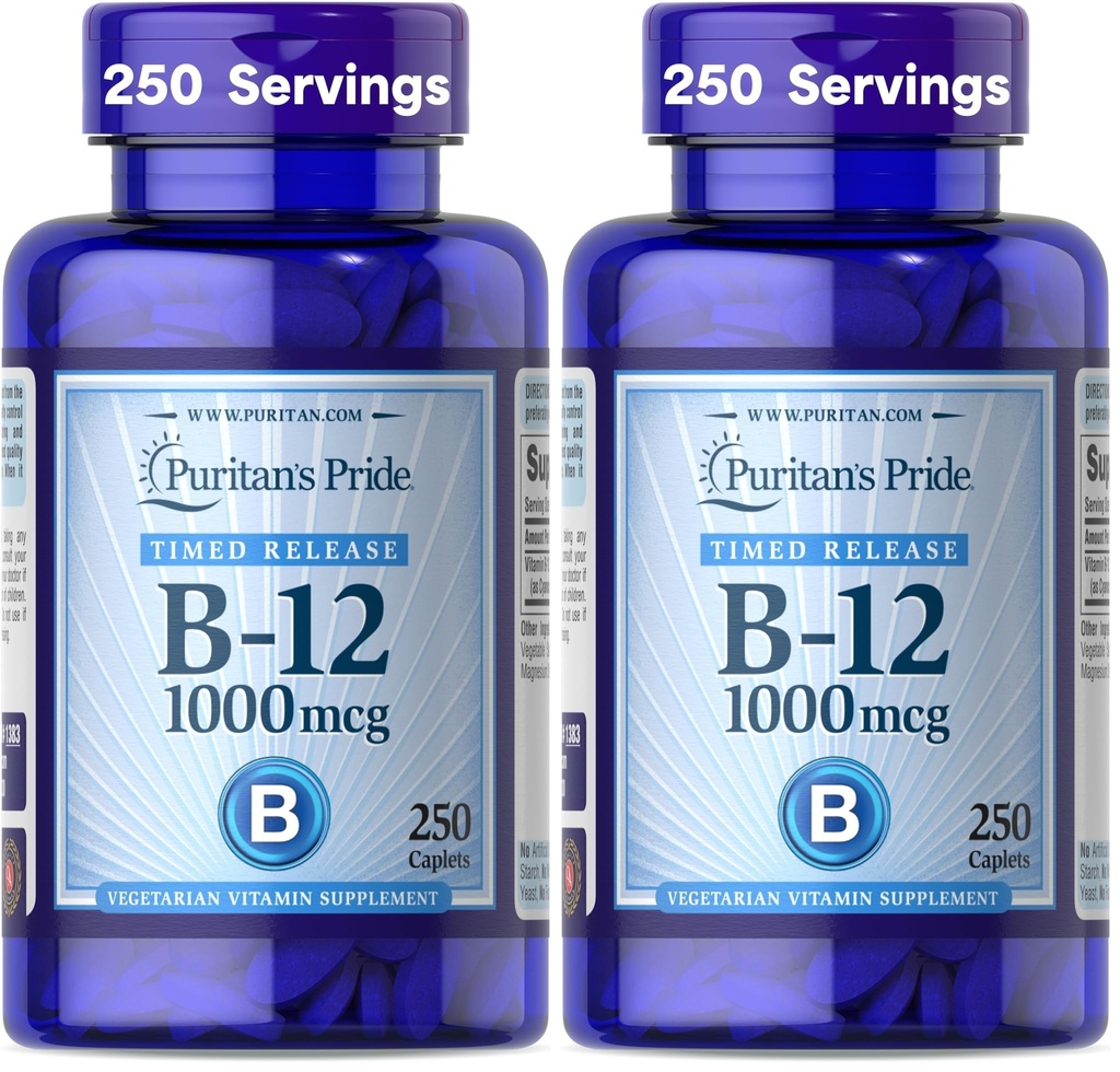 Puritan's Pride Timed Release Vitamin B-12 1000mcg,Vegetarian Dietary Supplement for Energy Metabolism,Heart,Circulatory,and Nervous System Health Support,8 Month Supply,250 Caplets,(Pack of 2)