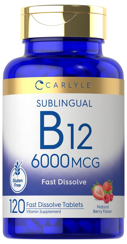 Carlyle Vitamin B-12 6000mcg | 120 Fast Dissolve Tablets | Natural Berry Flavor | Cyanocobalamin & Methylcobalamin | Vegetarian, Non-GMO, and Gluten Free Sublingual Supplement