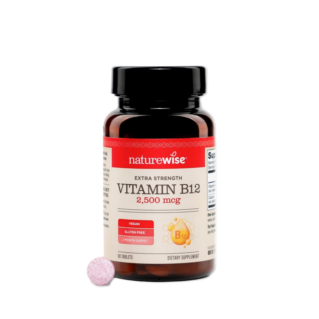NatureWise Vitamin B12 Extra Strength 2500mcg - B12 Supplement for Energy + Mental Clarity & Nervous System Support - Easy-to-Swallow, Vegan & Non-GMO - USA Manufactured - 60 Tablets[60-Day Supply]