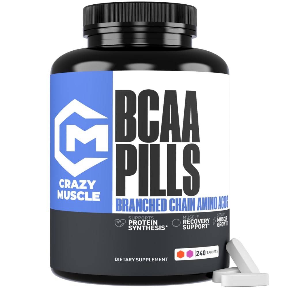 Crazy Muscle 3000mg BCAA Pills (80 Days Supply) with The Optimum 2:1:1 Ratio of Branched Chain Amino Acids for Recovery and Growth, 1000mg BCAAs per Pill (More Than BCAA Capsules) 240 Tablets