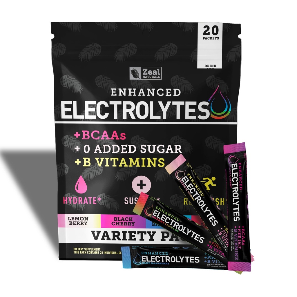 Zeal Naturals Enhanced Electrolyte Powder Stick Packs (Variety Pack - 20 Packets) Sugar Free + BCAA B-Vitamins & Pink Himalayan Salt - Keto Electrolytes, Hydration Powder