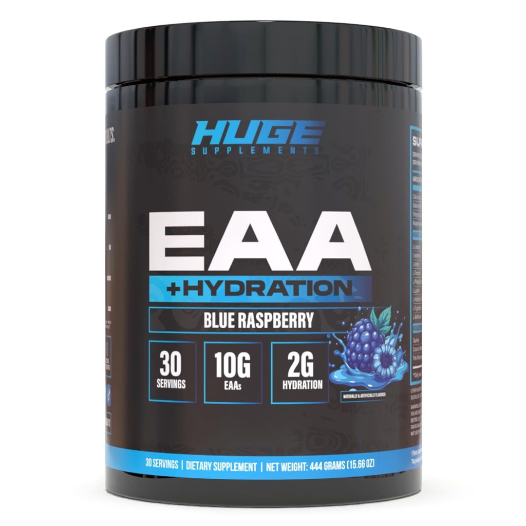 Huge EAA + Hydration, Essential Amino Acids Powder, EAAs & BCAAs, Intra & Post Workout Recovery Powder, Muscle Growth, Recovery & Performance, 10g EAAs & Electrolytes, 30 Servings (Blue Raspberry)