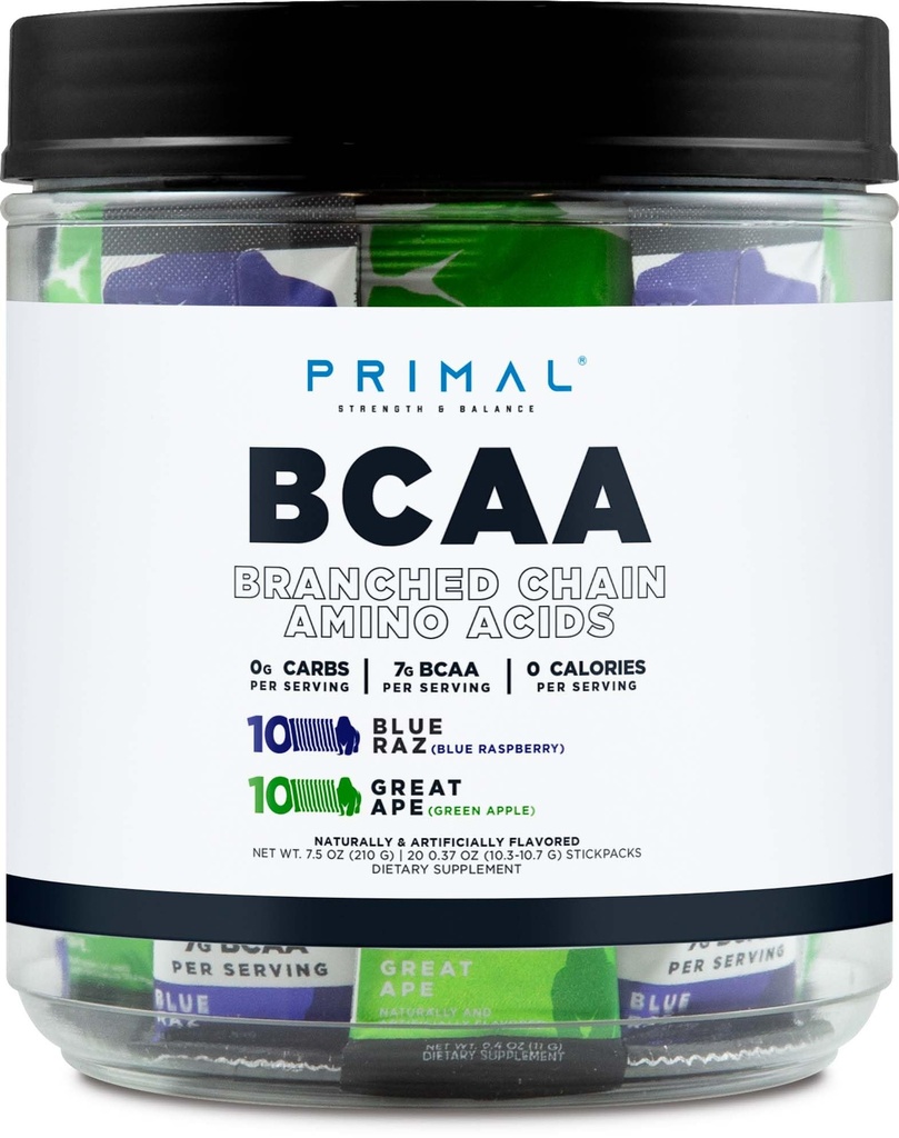 Primal BCAA Variety Pack, Blue Raspberry + Great Ape Green Apple Flavored (20 Stickpacks) - 7G BCAA per Serving, Branched Chain Amino Acids