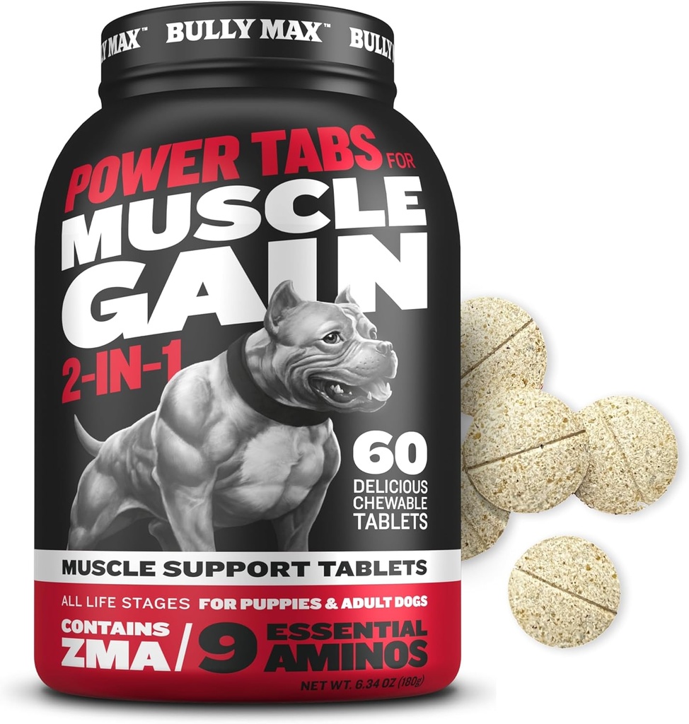 Bully Max 2-em-1 Muscle Builder Comprimidos mastigáveis para filhotes e cães adultos - Puppy & Dog Vitaminas e Suplementos para o ganho e crescimento muscular - Ultimate Canine Multivitamins para todas as raças e idades - 60 Tabs