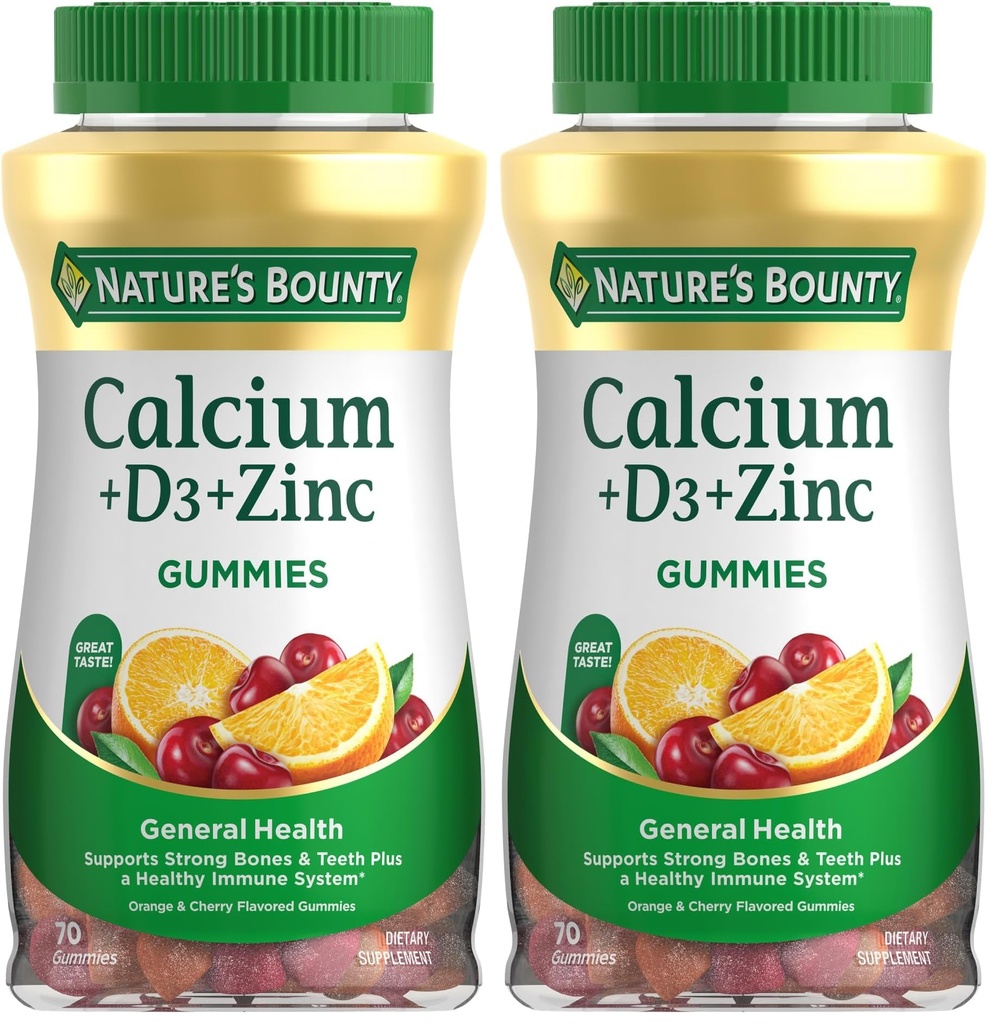 Nature's Bounty Calcium + D3 + Zinc Gummies, Supports Strong Bones & Teeth Plus a Healthy Immune System, 500mg, Orange and Cherry Flavored, 70 Gummies (Pack of 2)