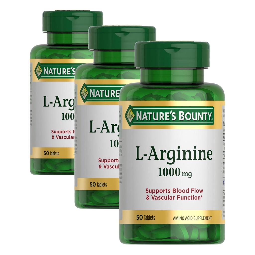 Nature's Bounty L-Arginine 1000mg for Supporting Blood Flow and Vascular Function – Non-GMO, Gluten Free, 50 Tablets (Pack of 3)