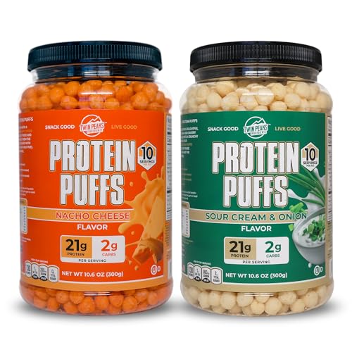 Twin Peaks Low Carb, Keto Friendly Protein Puffs Combo Pack, 1 Jug Sour Cream Flavor Puffs + 1 Jug Nacho Cheese Flavor Puffs