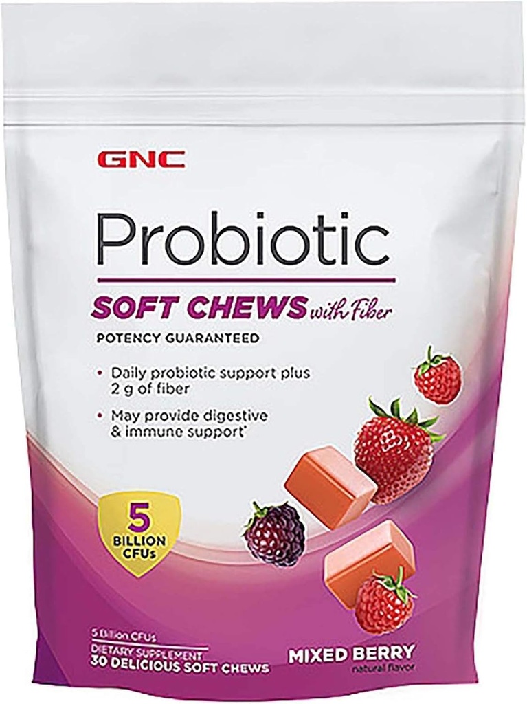 GNC Probiotic Soft Chews avec fibre - Berry mélangé, 30 Chews, soutient la santé digestive et immunitaire