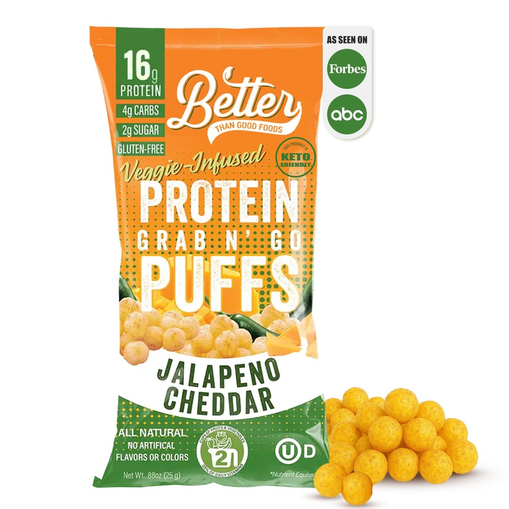 Better Than Good Savory Keto Jalapeno Cheddar Protein Puffs | Gluten-Free -16g Protein, Low Sugar, Low Calorie, Diabetic Friendly Snacks | Low carb, Healthy Kids Snack | No Artificial Flavours (12-Pack)