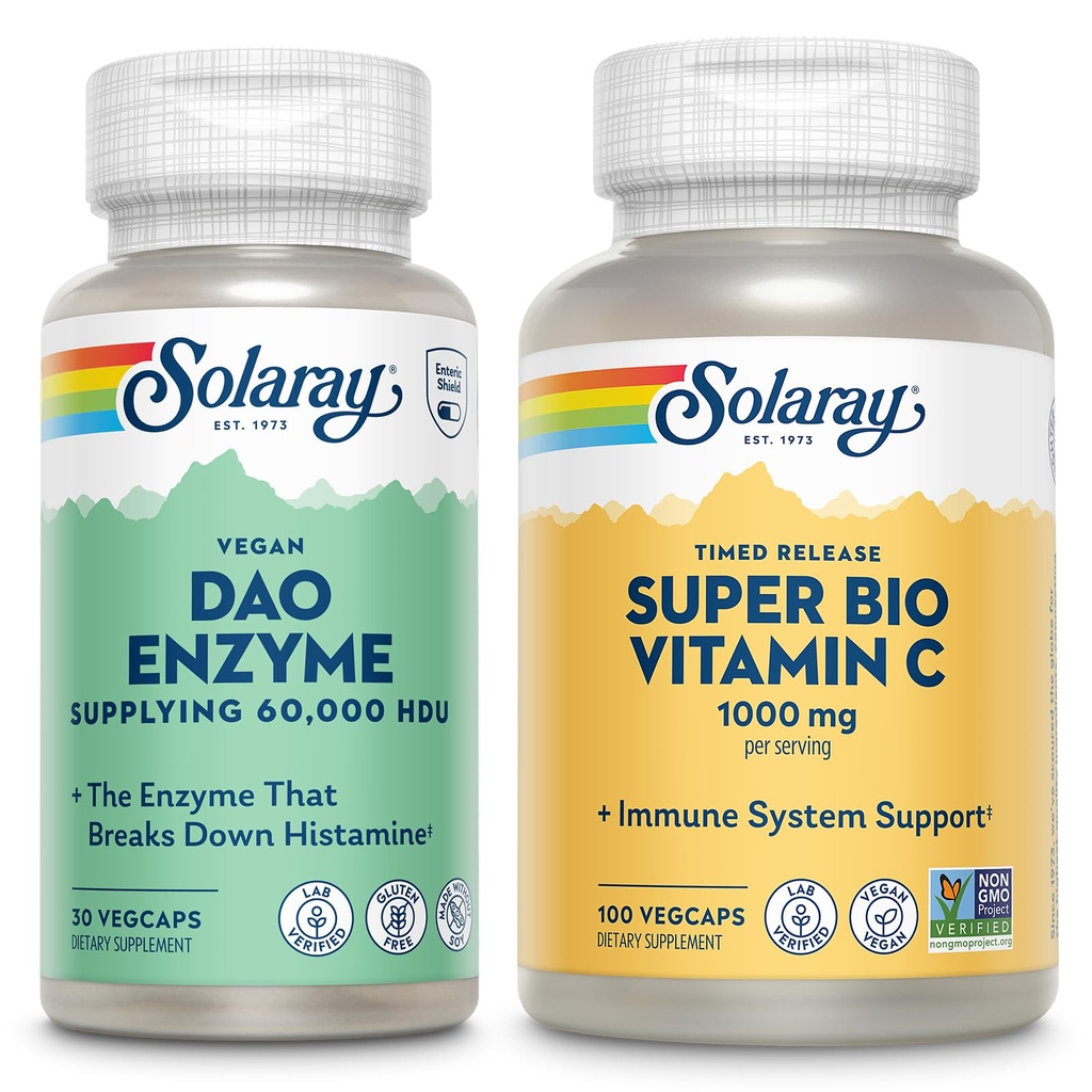 SOLARAY DAO Enzyme and Super Bio Vitamin C 1000mg - Digestive Enzymes to Break Down Histamine - Timed Release VIT C w/Bioflavonoids Immune Support Supplement, Vegan, 60-Day Guarantee, 30/50 Servings
