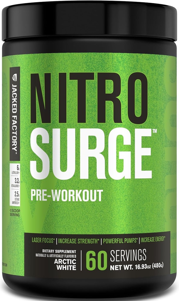 Jacked Factory NITROSURGE Pre Cvičenie Supplement - nekonečná energia, okamžitá sila Zisky, jasné zameranie, intenzívne čerpadlá - NO Booster & Výkonný preworkout Energy Powder - 60 Slúži, Arktická biela