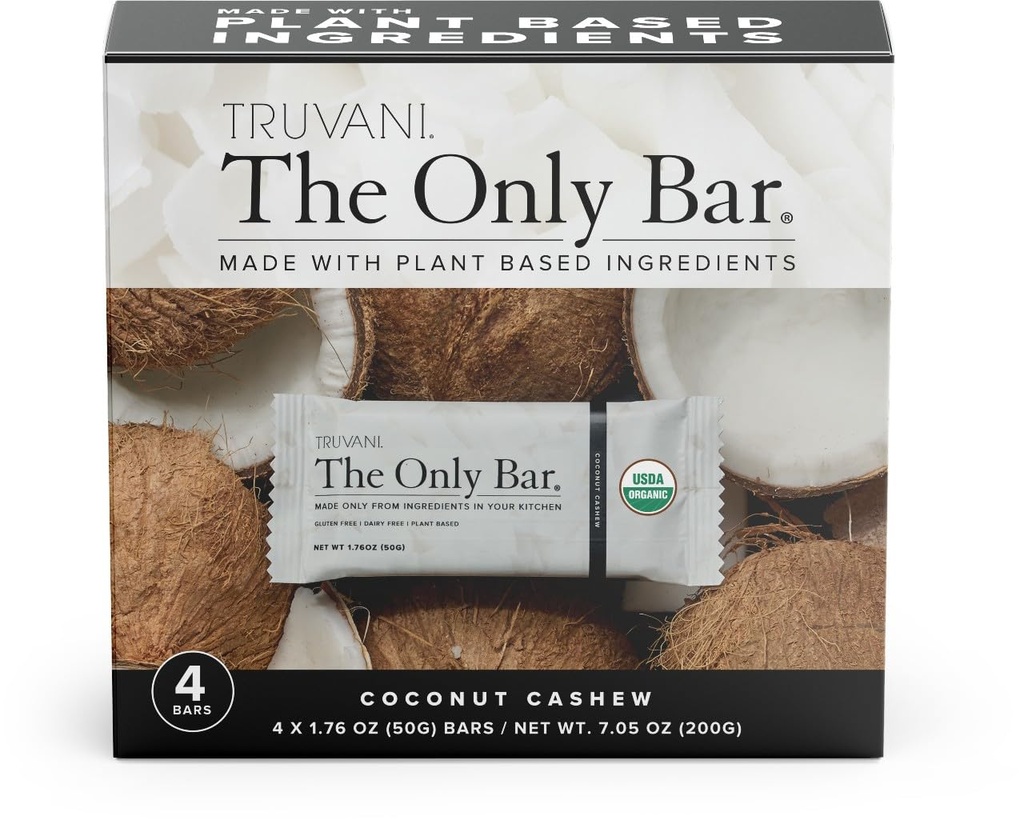 Truvani Plant Based Snack Bar | Coconut Cashew 4 Pack | 5g Protein | USDA Organikoa eta Vegan | Taberna bakarra | Dairy, Soy eta Gluten Free | Banakako Wrapped