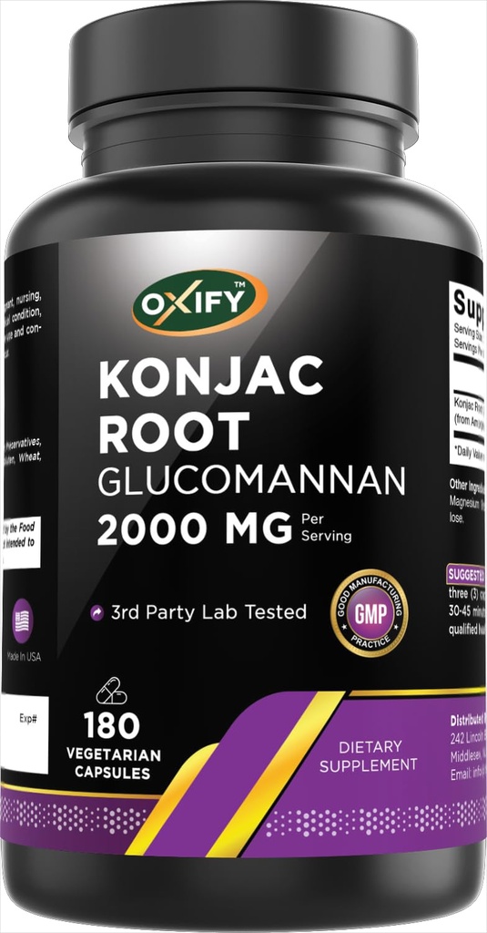 Oxify Konjac Root Glucomannan 2000 mg | 180 Vegetarian Capsules | Gluten-Free, Non-GMO | Supplement Made in USA