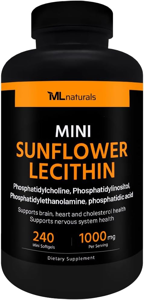 ML Naturals Mini Sunflower Lecithin 240 Softgels. Phosphatidylcholine, Phosphatidylinositol, Phosphatidylthanolamine, Phosphatidic Acid, NSF-Certified & cGMP-Compliant