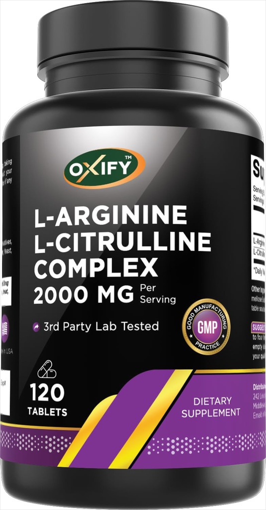 Oxify L-Arginine L-Citrulline Complex 2000 mg Per Serving | 120 Tablets | Gluten-Free, Non-GMO | Supplement Made in USA