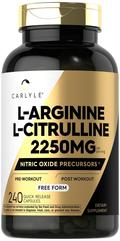 Carlyle L-Arginine L-Citrulline Supplement | 2250mg | 240 Powder Capsules | Nitric Oxide Precursors | Free Form | Non-GMO & Gluten Free