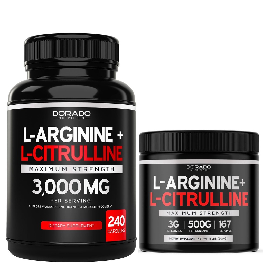 L Arginine L Citrulline (240 Count) - Nitric Oxide Pill for Stamina & Endurance and L Arginine L Citrulline Powder (3g) - Nitric Oxide Booster Powder for Performance & Endurance - Vegan & USA Made