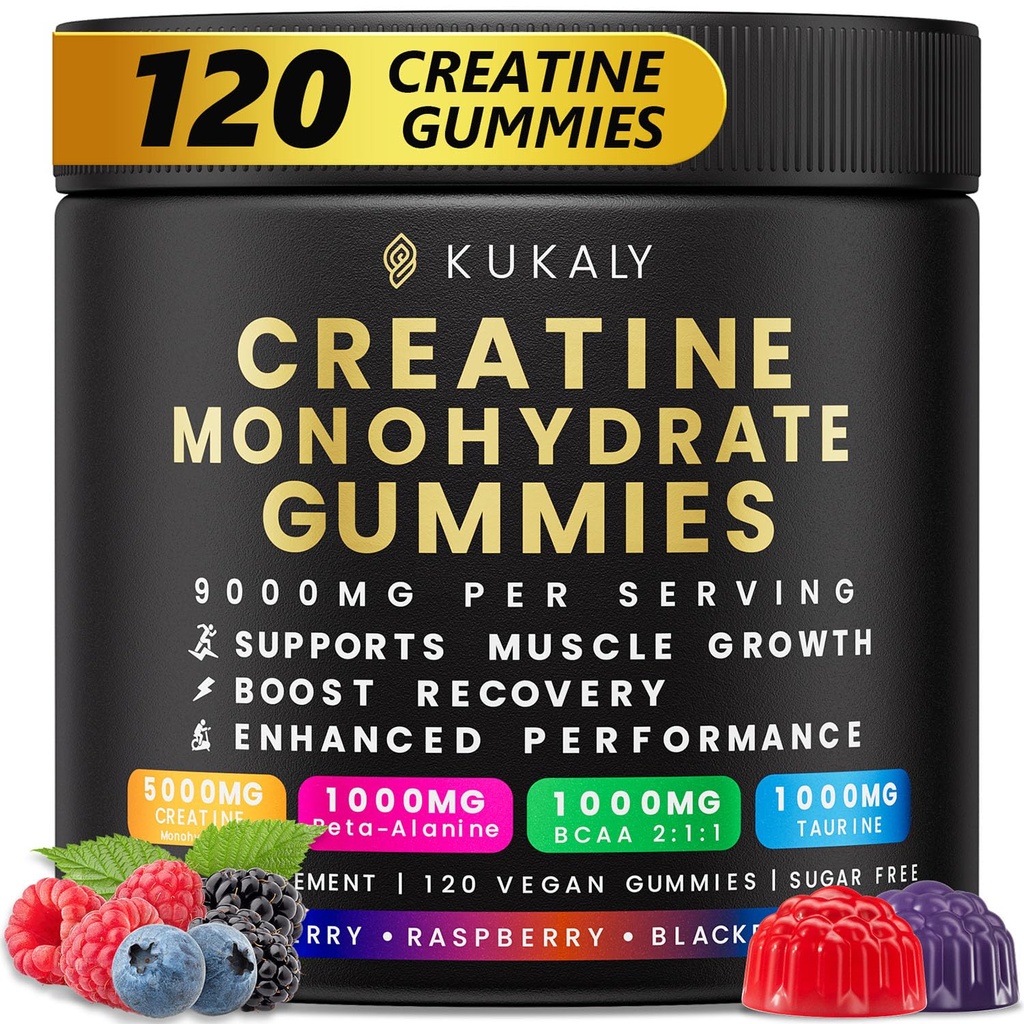KUKALY Creatine Monohydrate Gummies for Men & Women, 9000MG Creatine Gummies Sugar Free - Mixed Flavored with L-Taurine, BCAA 2:1, B12 B6 for Boost Strength, Focus & Endurance, Vegan, Non-GMO, 120pcs